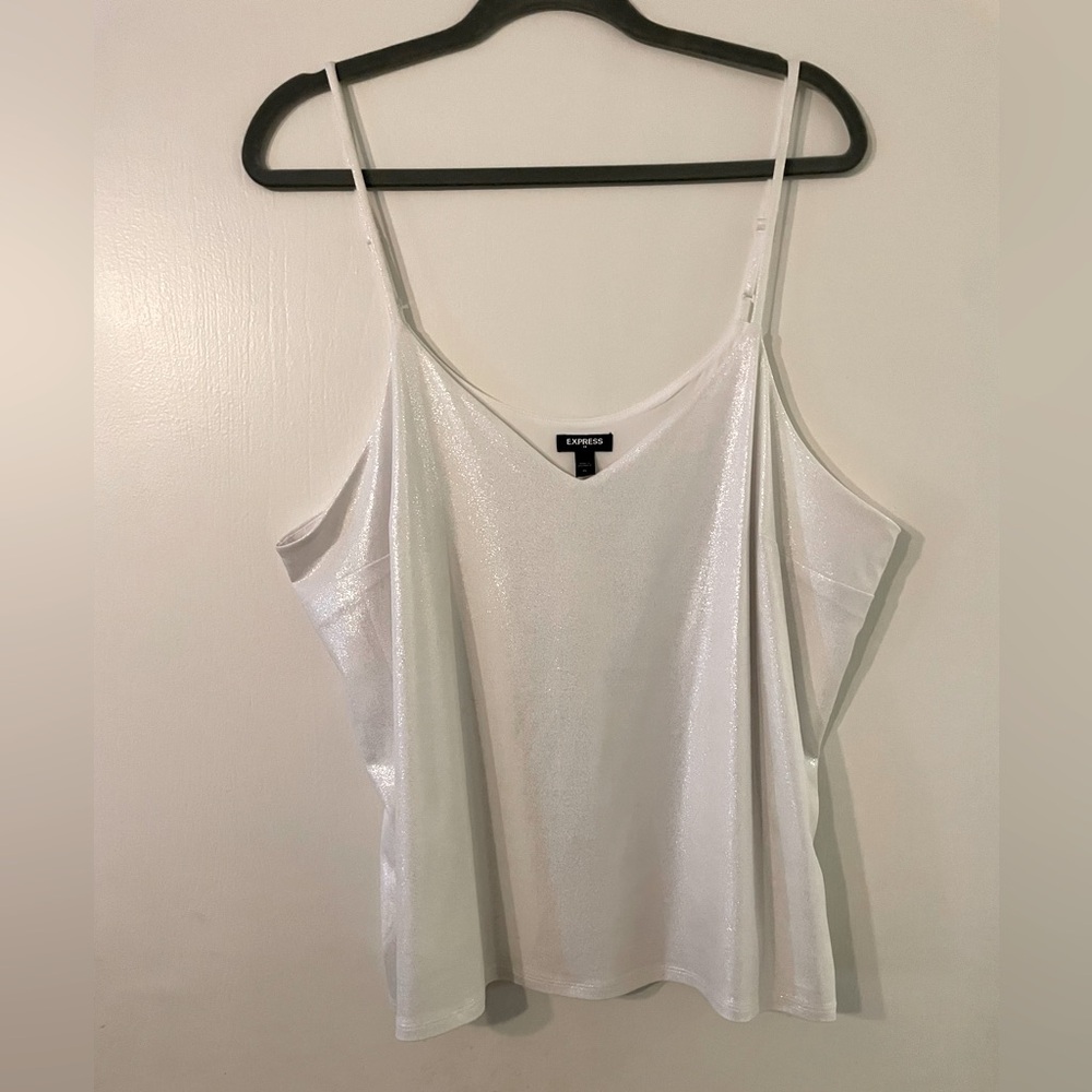 Express V Neck Cami Womens White Sparkly Camisole Lined Tank Top Stretch SZ XL